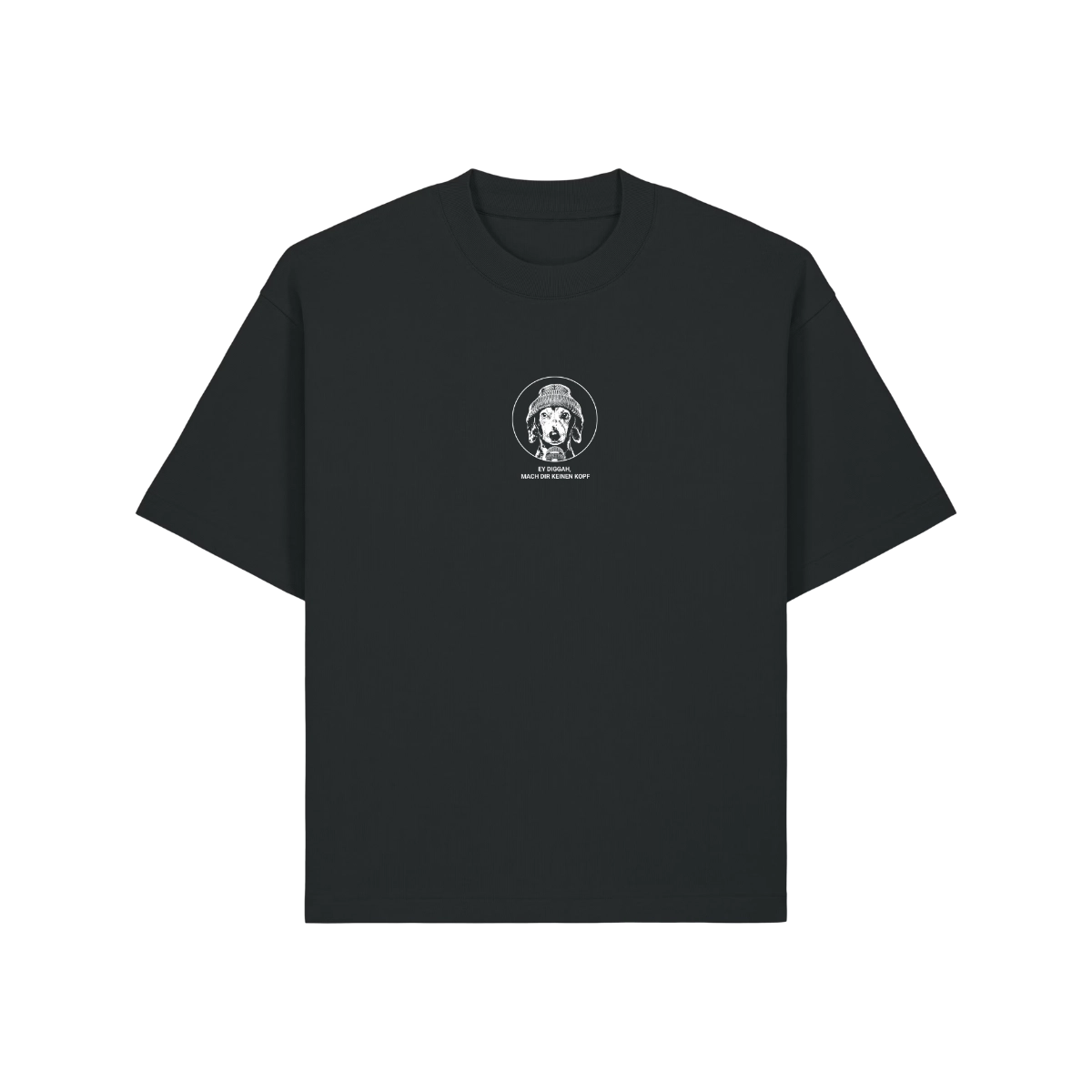 Schwarzes Oversized T-Shirt mit Wiener Tyson Dackel Print und Ey Diggah Mach dir keinen Kopf Schriftzug.